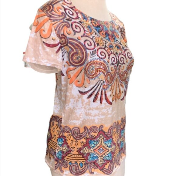Lisa International Beaded Sequin Short Sleeve Tee Top Sz L #10F - Picture 3 of 7